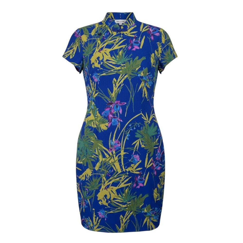 Vintage David Warren Petites NY Women's Size 12P Mandarin Neck Blue Floral Dress